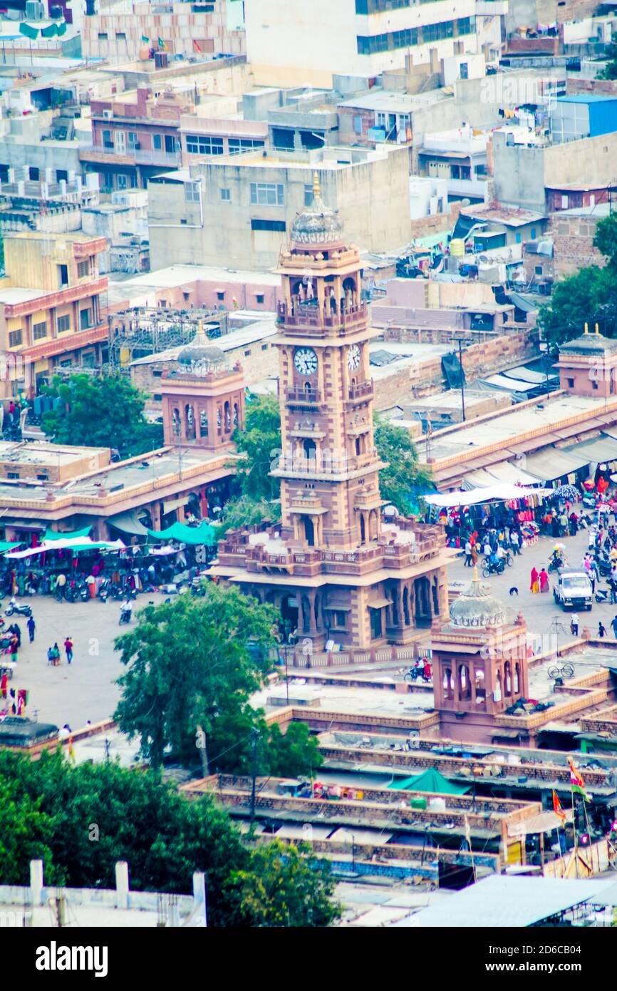 Ghanta Ghar (Torre dell'Orologio) & mercato di Sadar Jodhpur Rajasthan Foto Stock
