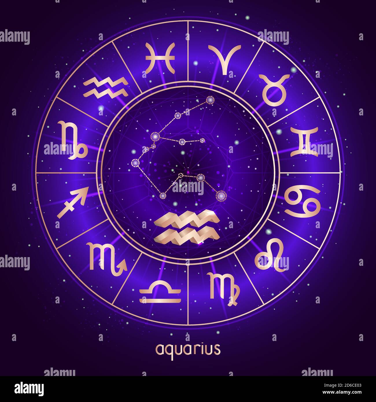 Segno zodiacale e costellazione AQUARIUS con cerchio oroscopo e simboli sacri sullo sfondo stellato del cielo notturno con schema geometrico. Illus vettore Illustrazione Vettoriale