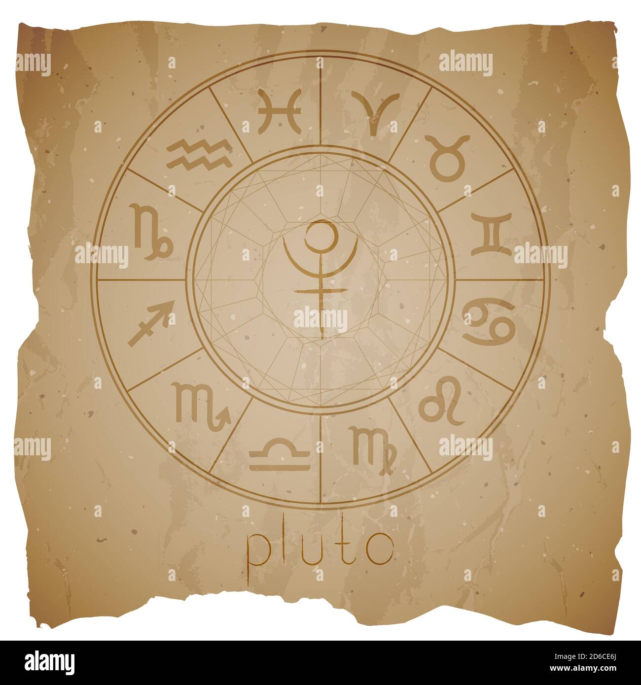 Illustrazione vettoriale con simbolo del pianeta astrologico disegnato a mano PLUTONE su un vecchio sfondo grunge con bordo strappato. Seppia. Illustrazione Vettoriale