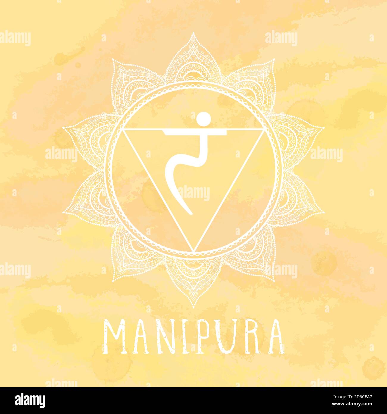 Illustrazione vettoriale con il simbolo Manipura - Solar Plexus chakra su sfondo acquerello. Cerchio modello mandala e scritta disegnata a mano. Colorato. Illustrazione Vettoriale