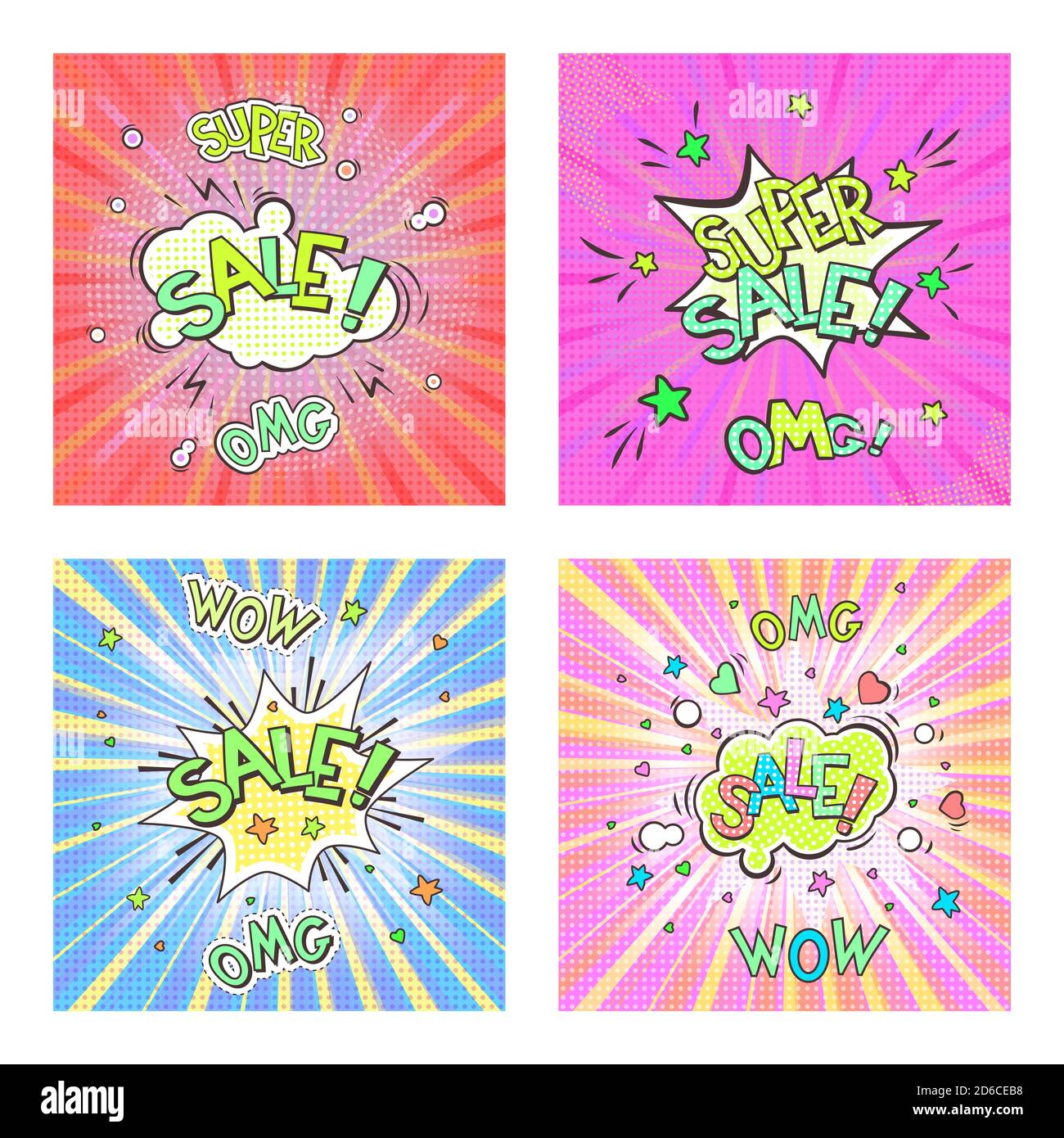 Insieme di quattro schede di arte pop di pubblicità in stile comico retrò. Bolla vocale con la VENDITA di testo! E adesivi WOW, OMG, SUPER. Sfondo vettoriale. Illustrazione Vettoriale