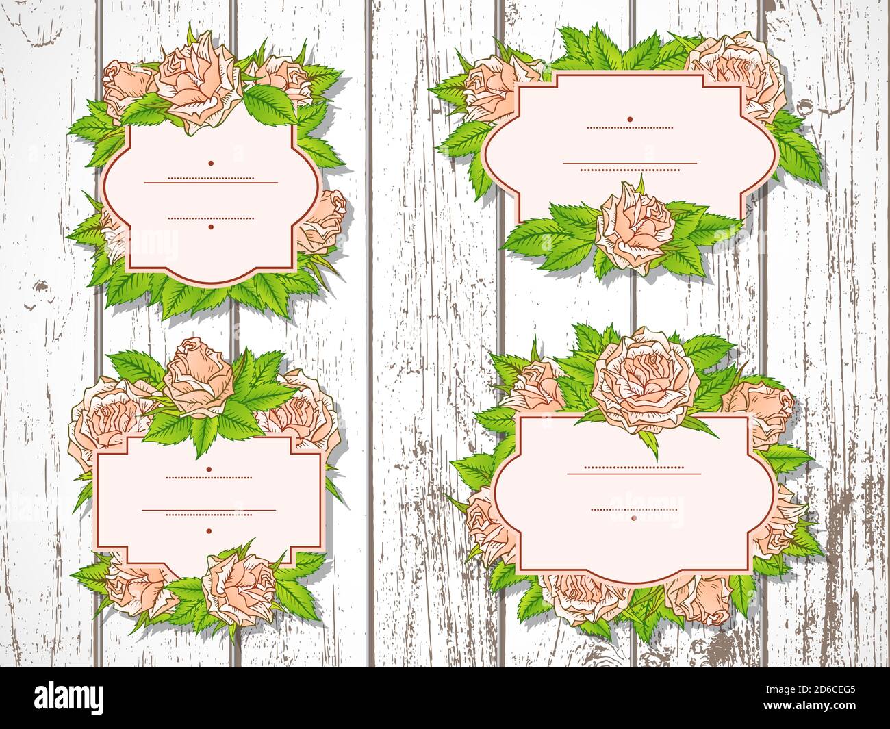 Serie vettoriale di etichette con rose e foglie disegnate a mano su sfondo di legno. Nei colori rosa e verde. Gradiente utilizzato. Illustrazione Vettoriale
