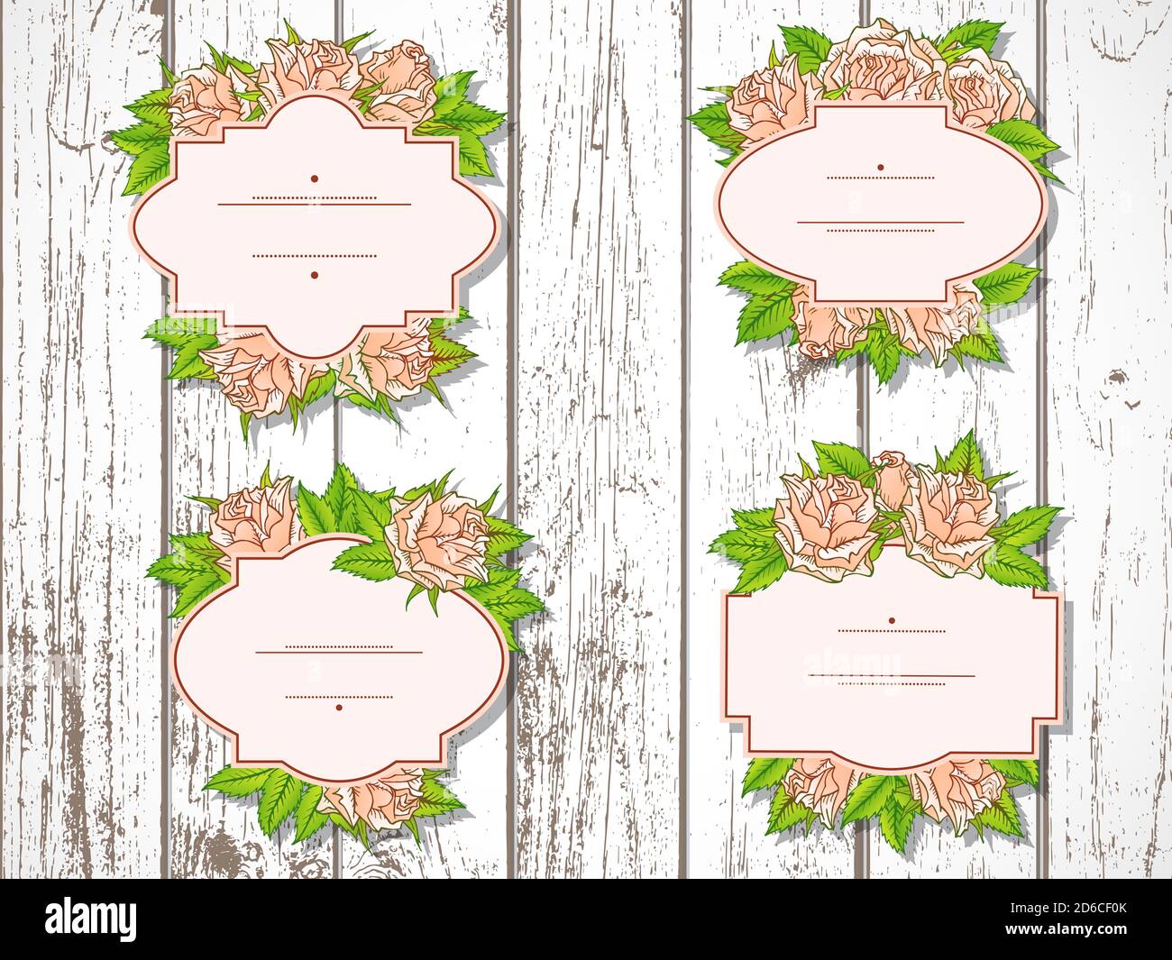 Serie vettoriale di etichette con rose e foglie disegnate a mano su sfondo di legno. Nei colori rosa e verde. Gradiente utilizzato. Illustrazione Vettoriale