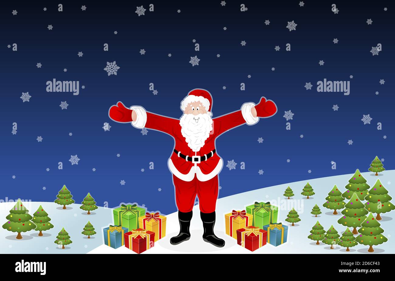 Sorridente Babbo Natale con regali di natale su fondo neve Illustrazione Vettoriale
