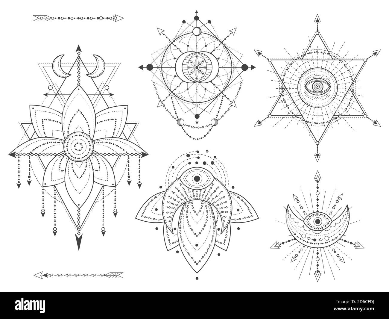 Insieme vettoriale di simboli geometrici e naturali sacri su sfondo bianco. Collezione di segni mistici astratti. Forme lineari nere. Per voi disegno o moder Illustrazione Vettoriale