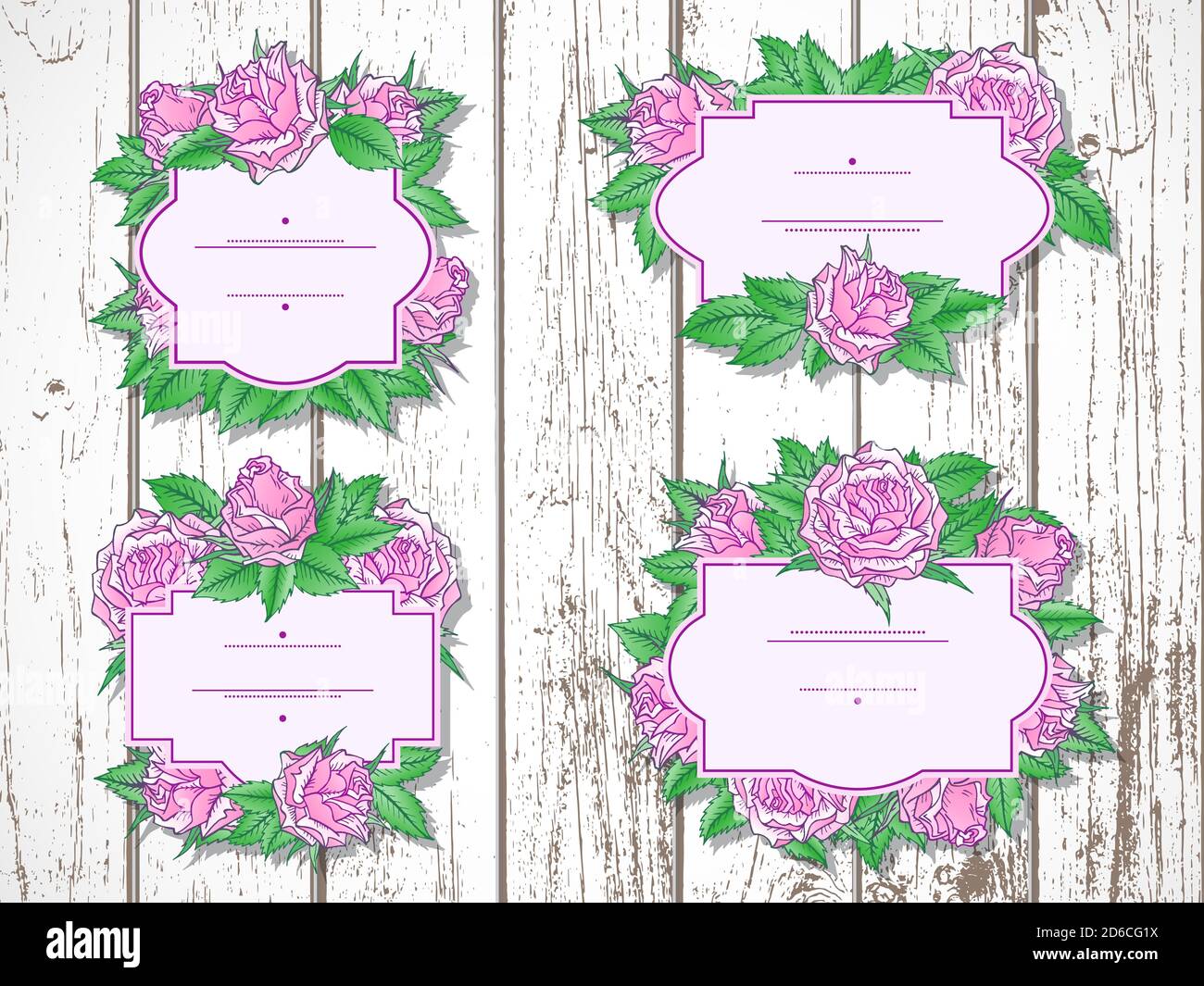Serie vettoriale di etichette con rose e foglie disegnate a mano su sfondo di legno. Nei colori lilla e verde. Gradiente utilizzato. Illustrazione Vettoriale