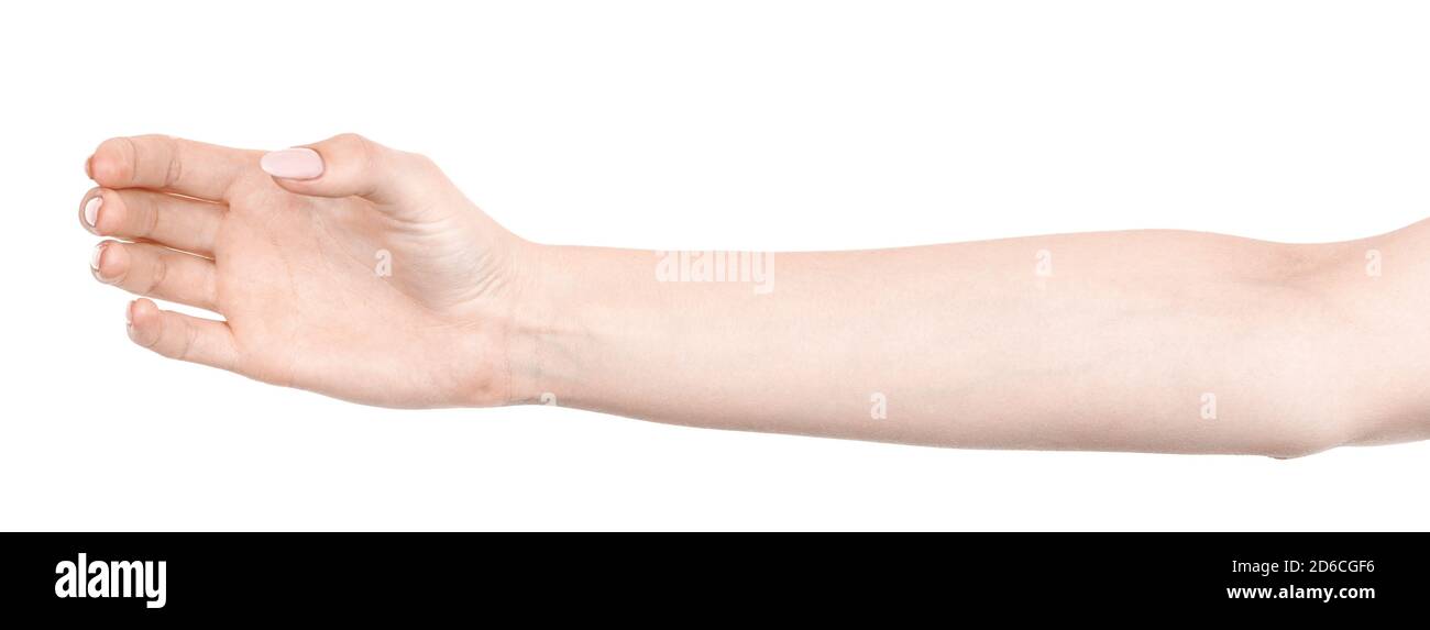 Le mani caucasiche femmina isolato sfondo bianco che mostra il gesto tiene qualcosa o prende, dà. Le mani della donna che mostrano gesti diversi Foto Stock