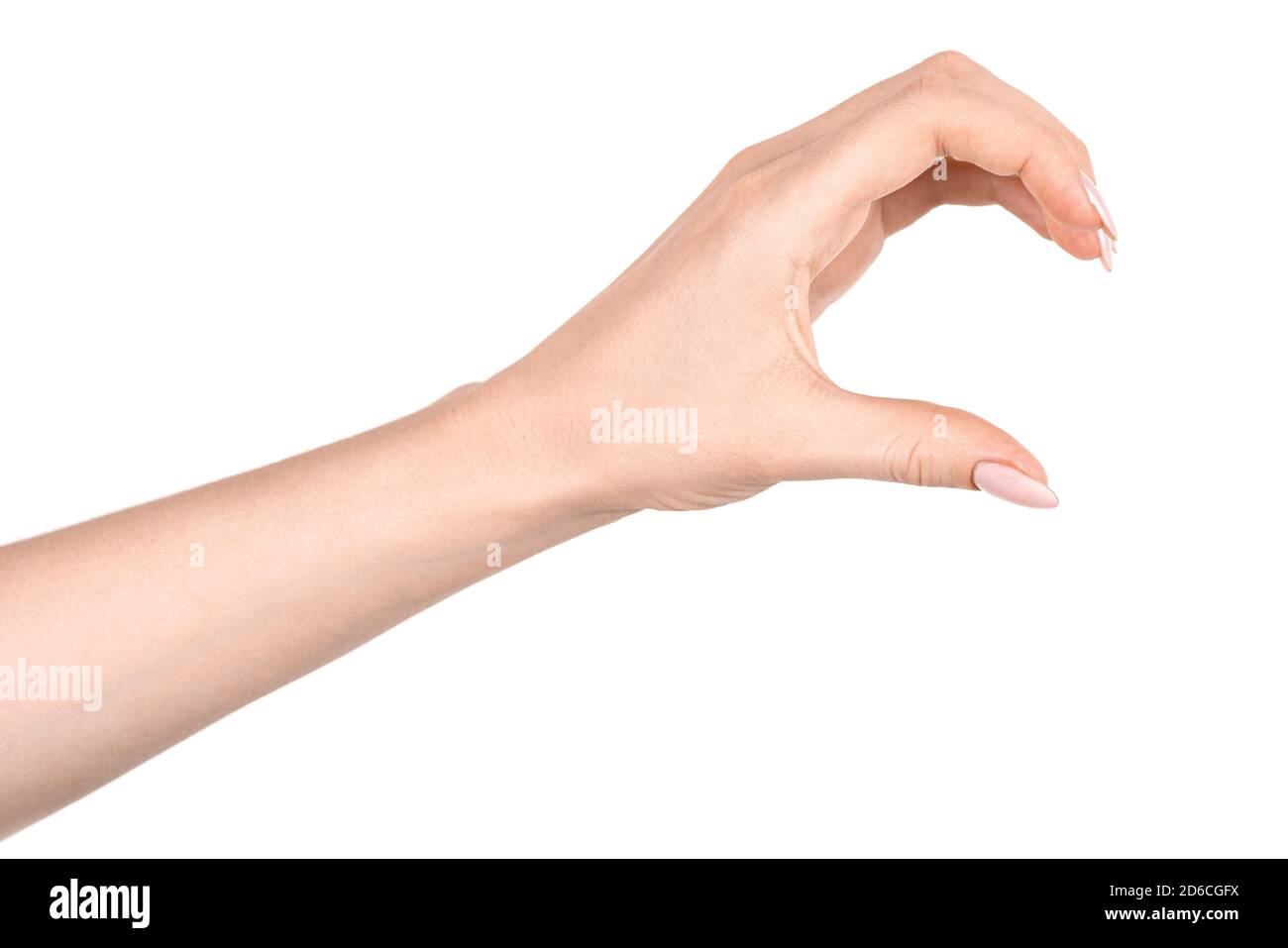 Le mani caucasiche femmina isolato sfondo bianco che mostra il gesto tiene qualcosa o prende, dà. Le mani della donna che mostrano gesti diversi Foto Stock