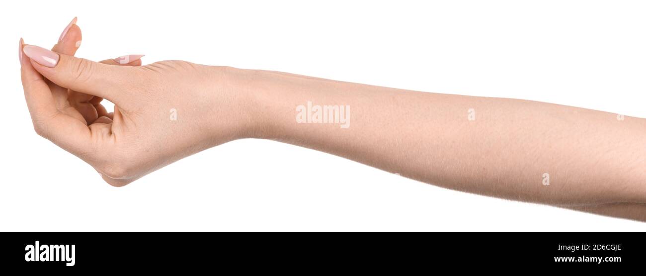 Le mani caucasiche femmina isolato sfondo bianco che mostra il gesto tiene qualcosa o prende, dà. Le mani della donna che mostrano gesti diversi Foto Stock