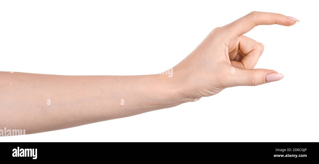 Le mani caucasiche femmina isolato sfondo bianco che mostra il gesto tiene qualcosa o prende, dà. Le mani della donna che mostrano gesti diversi Foto Stock