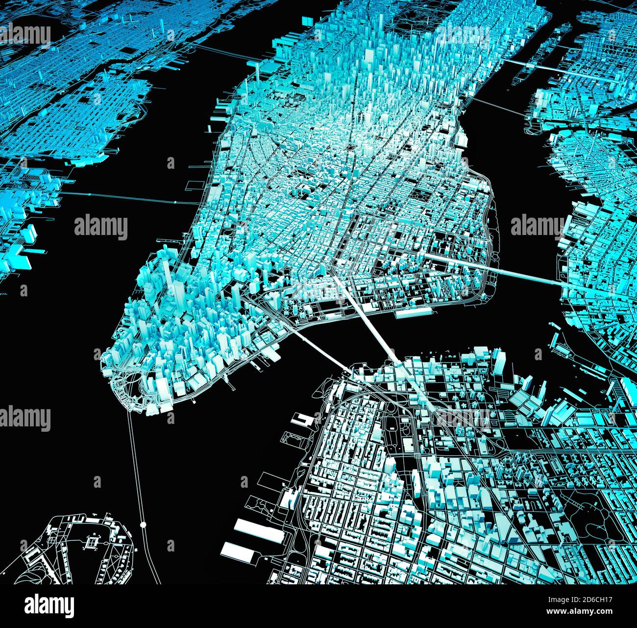 Vista dal satellite della città di New York, mappa, gli edifici 3D, rendering 3d. Le strade e i grattacieli di Manhattan. Stati Uniti d'America Foto Stock