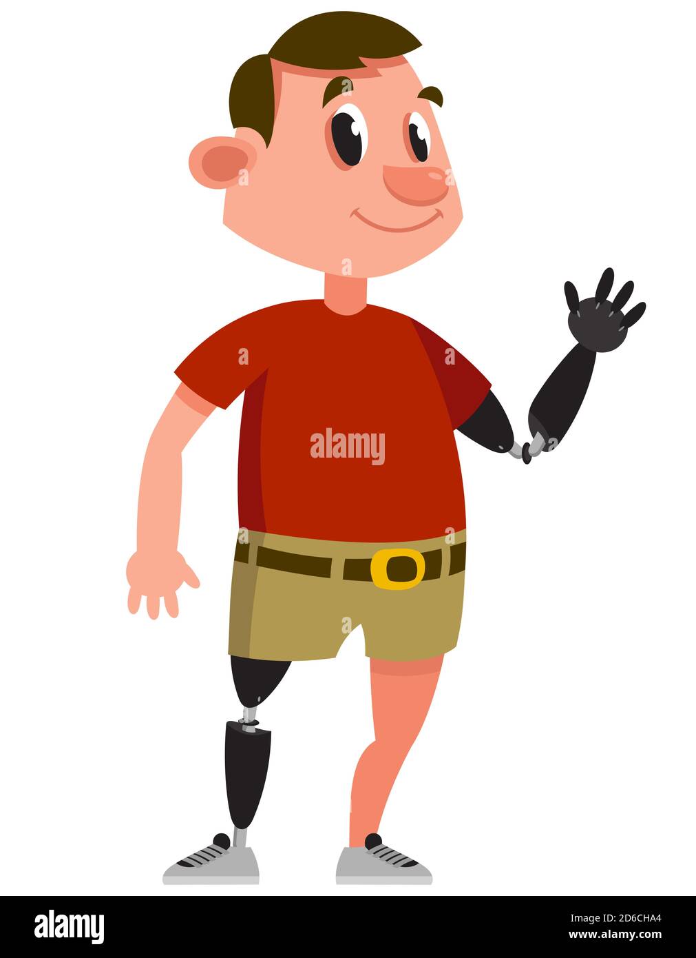 Uomo con braccio e gamba protesici. Carattere maschile in stile cartoon. Illustrazione Vettoriale