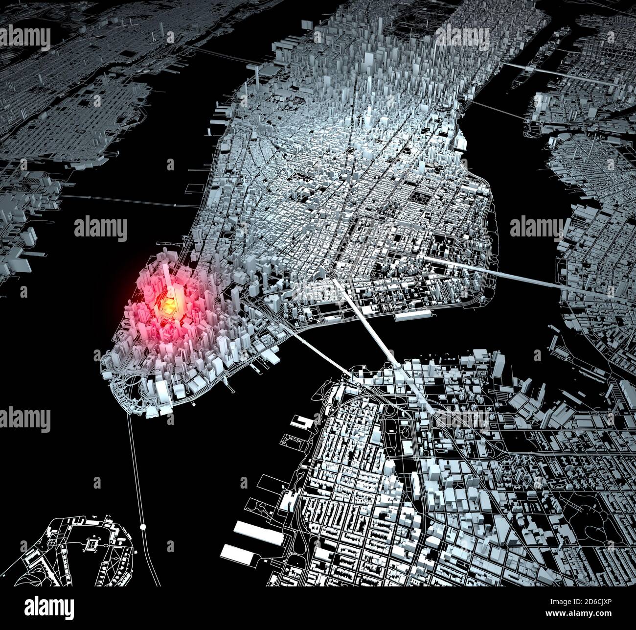 Vista satellitare della città di New York, mappa, edifici 3d, rendering 3d. Strade e grattacieli di Manhattan. Massa zero. Il sito del World Trade Center. Stati Uniti Foto Stock