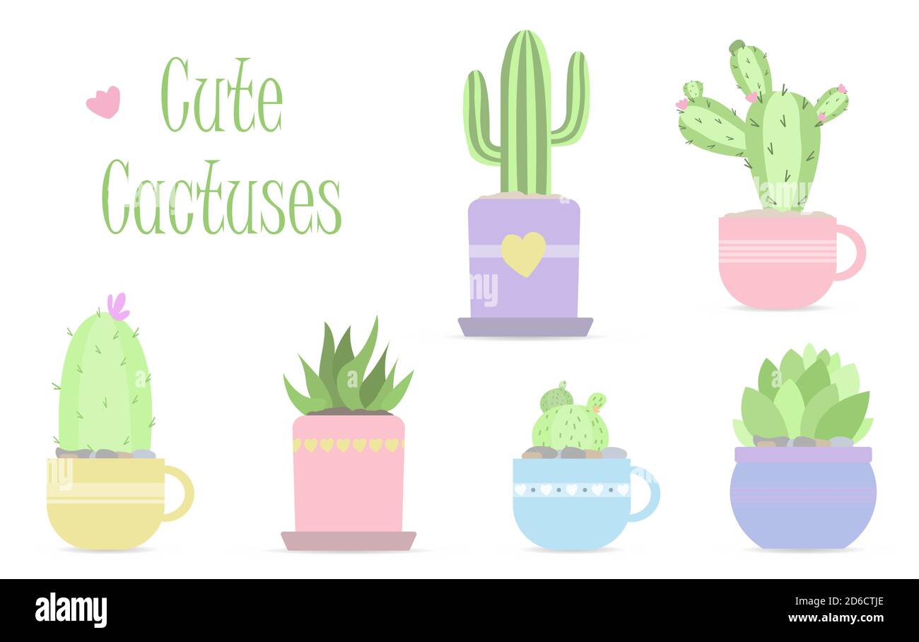 Set di carini cactus vettoriali in colori pastello. Illustrazione vettoriale piatta nel design moderno. Sei cactus isolati e succulenti in belle pentole di fiori per la decorazione domestica. Può essere usato per le schede, gli inviti o come l'adesivo Illustrazione Vettoriale