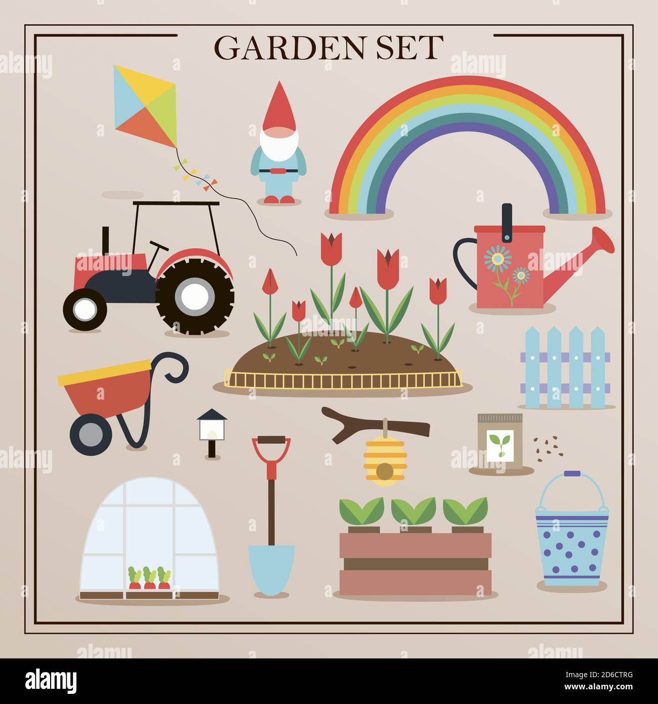 Icone piatte con concetto di giardinaggio. Una serie di immagini piatte di oggetti da giardino. Fiori, piantine, pala, gnomo da giardino, arcobaleno in una selezione retrò. Illustrazione vettoriale. Illustrazione Vettoriale