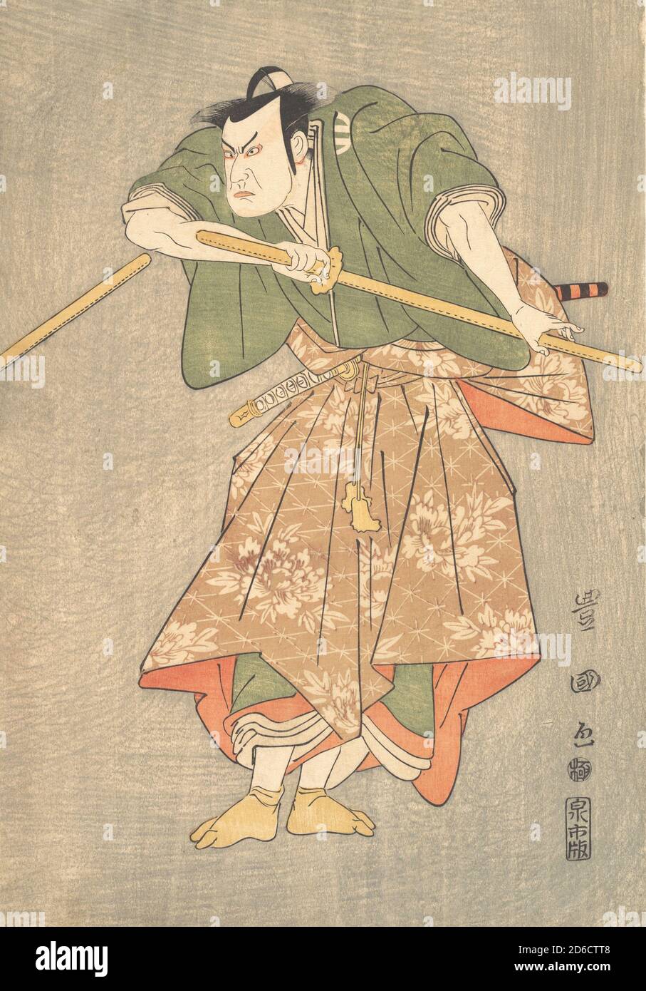 L'attore Kataoka Nizaemon in abiti Ceremoniali di Verde e Rosa, disegno della sua Spada, ca. 1790-1825. Foto Stock