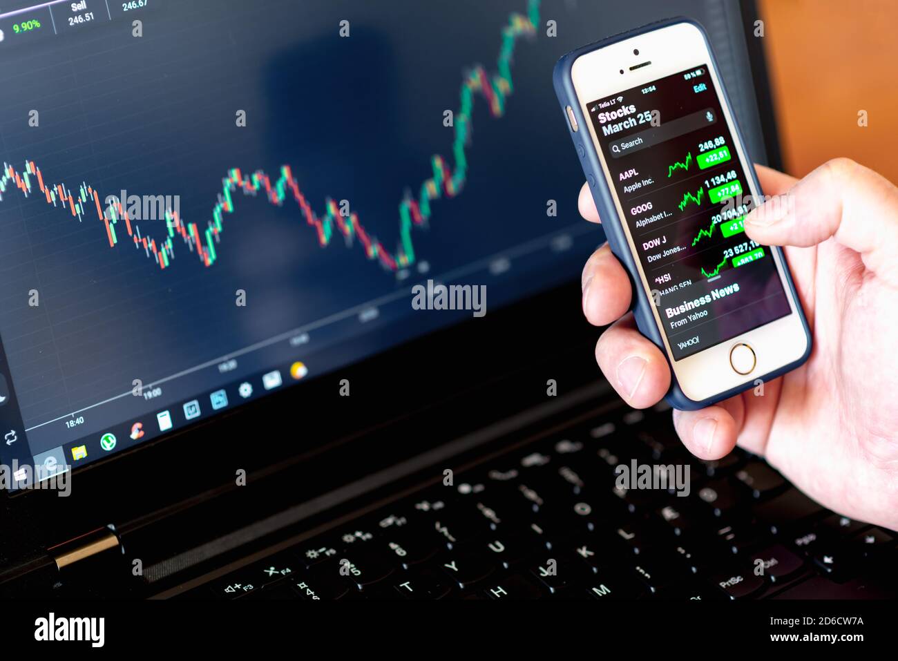 Hands of Investor analizzare gli investimenti del mercato azionario con dashboard finanziario e indicatori chiave delle prestazioni sugli schermi di smartphone e computer Foto Stock