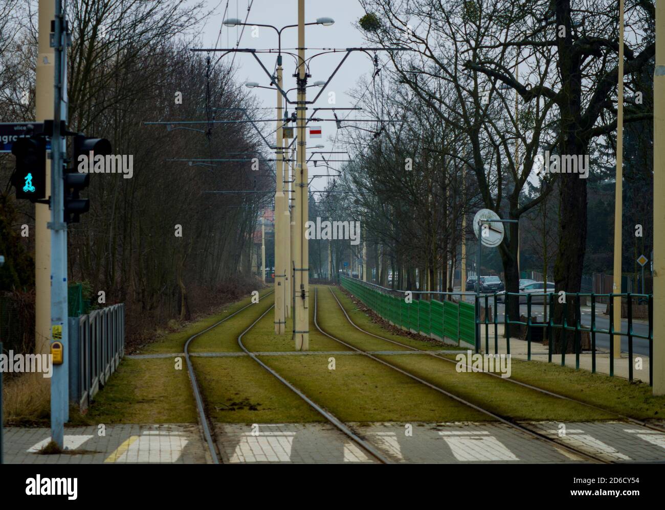 I binari del tram sporgono leggermente dall'erba verde in un Città polacca d'autunno Foto Stock