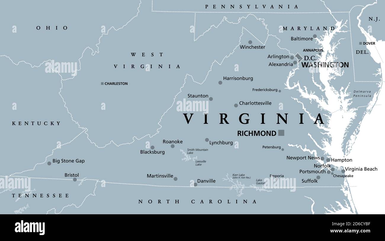 Virginia, VA, mappa politica grigia. Commonwealth della Virginia. Stato nella regione sud-orientale e medio-atlantica degli Stati Uniti. Capitale Richmond. Foto Stock