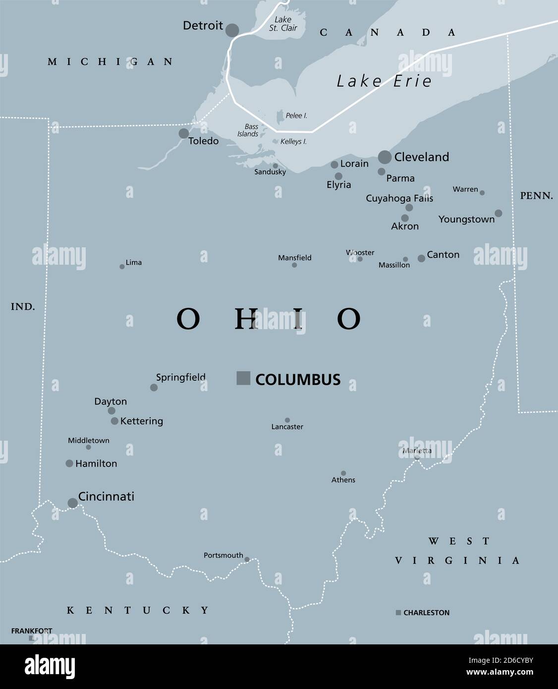 Ohio, OH, mappa politica grigia. Stato nella regione centro-orientale del centro-nord degli Stati Uniti del Midwest. Capitale Columbus. Stato Buckeye. Foto Stock