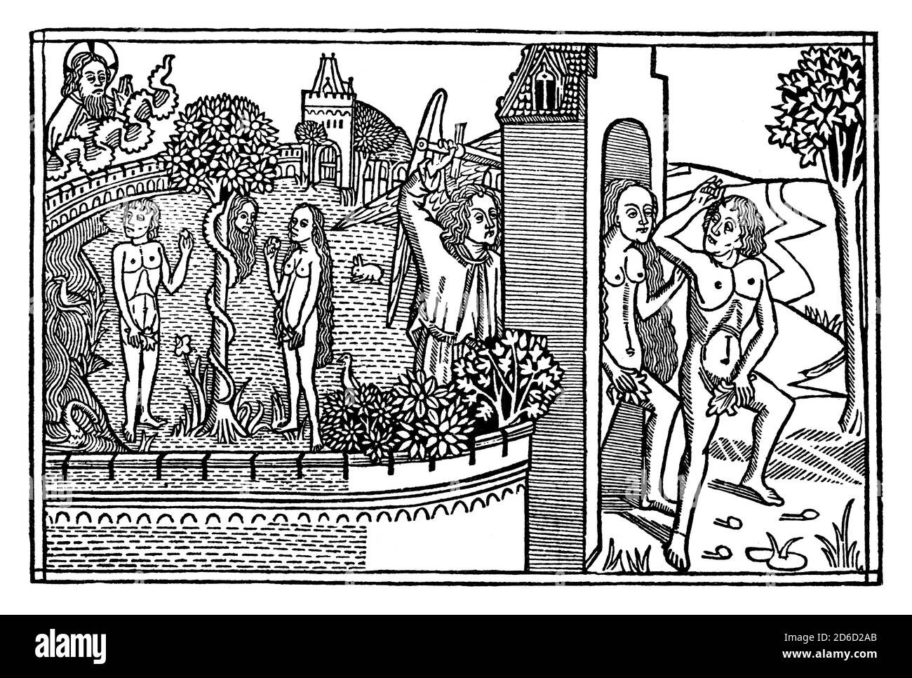 L'espulsione di Adamo ed Eva, incisione del legno, Kölner-Bibel, bibbia di Colonia, 1478 Foto Stock