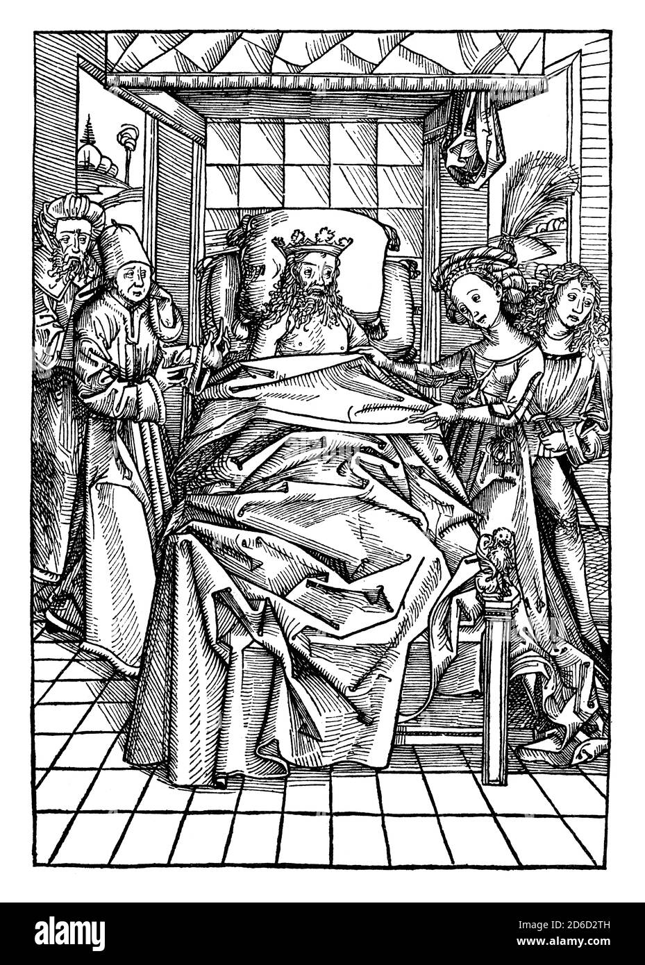 Re Davide e Abishag, Anton Koburger, incisione in legno, 1491 Foto Stock