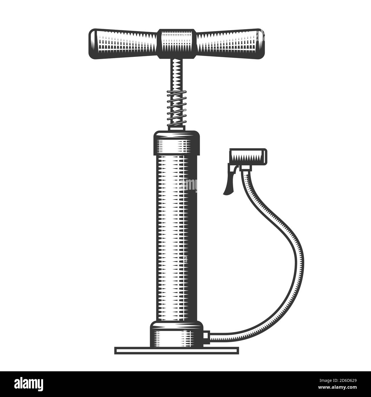 Pompa ad aria a mano vecchia, pompa per bicicletta con manici in legno in stile incisione Illustrazione Vettoriale