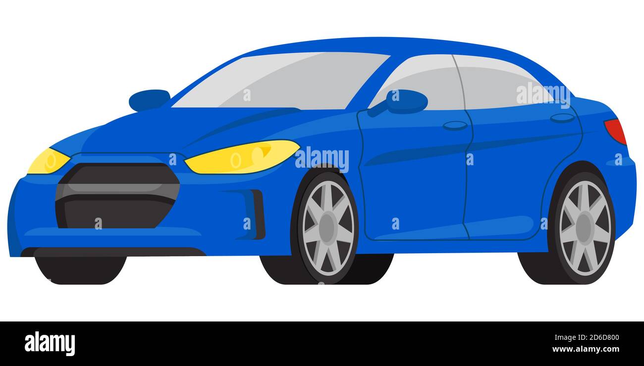Berlina tre quarti di vista. Auto blu in stile cartoon. Illustrazione Vettoriale