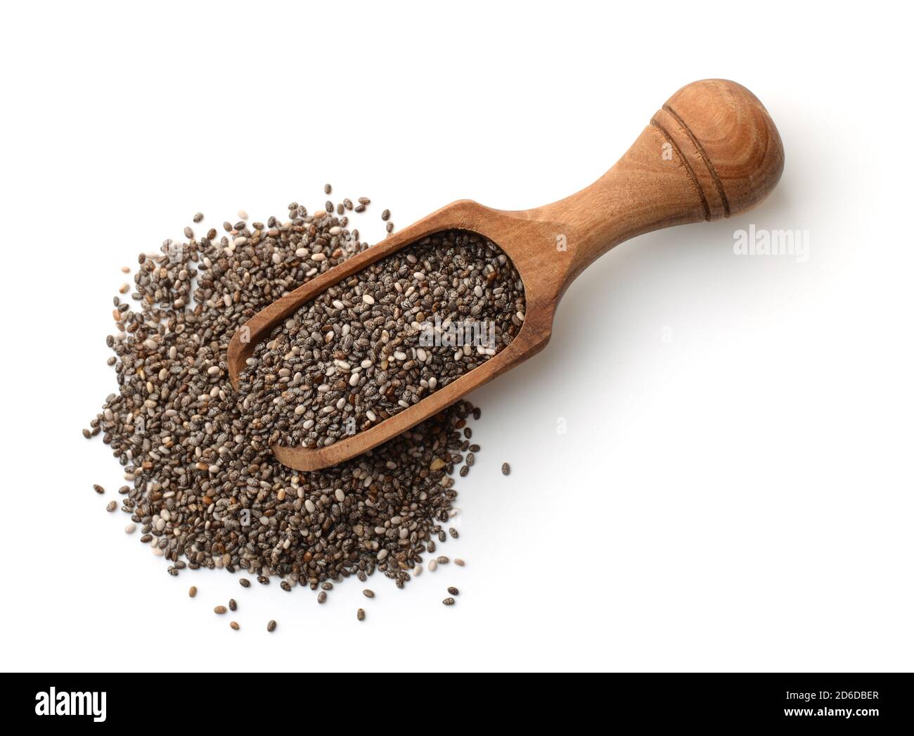 Vista dall'alto dei semi di chia in paletta di legno isolata bianco Foto Stock