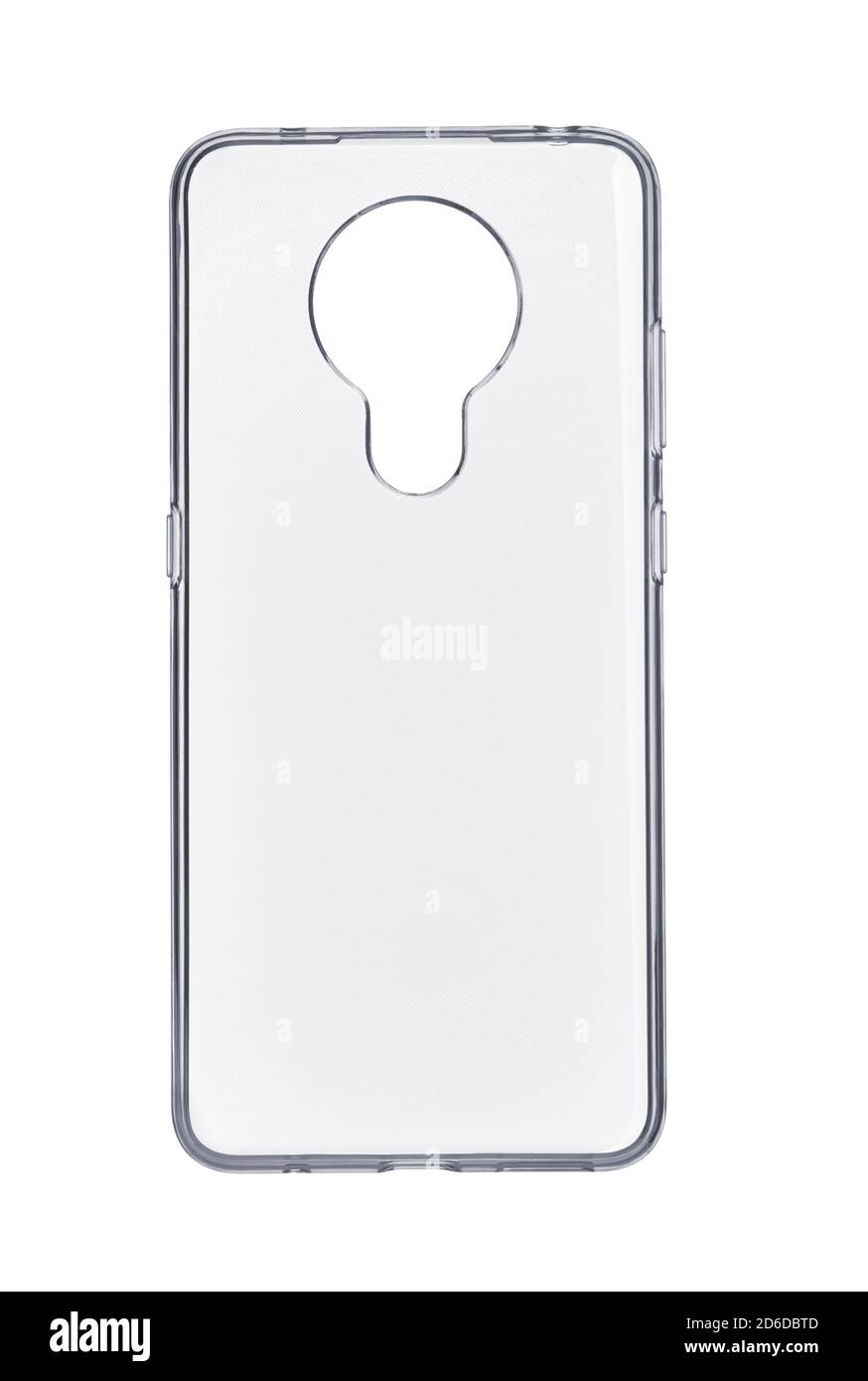 Vista frontale del paraurti vuoto in silicone trasparente isolato della custodia dello smartphone su bianco Foto Stock