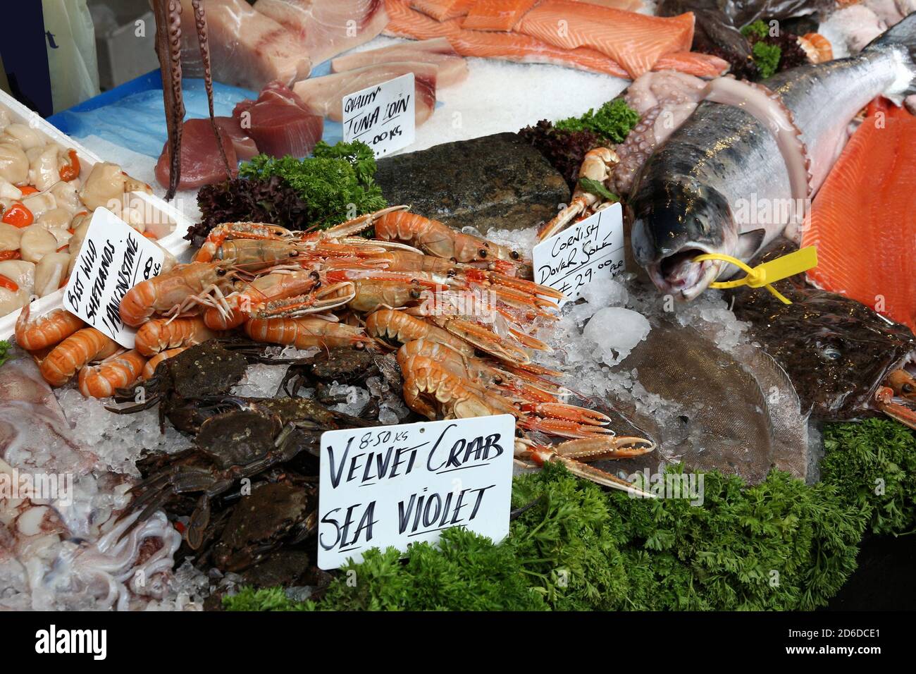Cibo di mare di qualità al London Borough Market, Regno Unito. Foto Stock