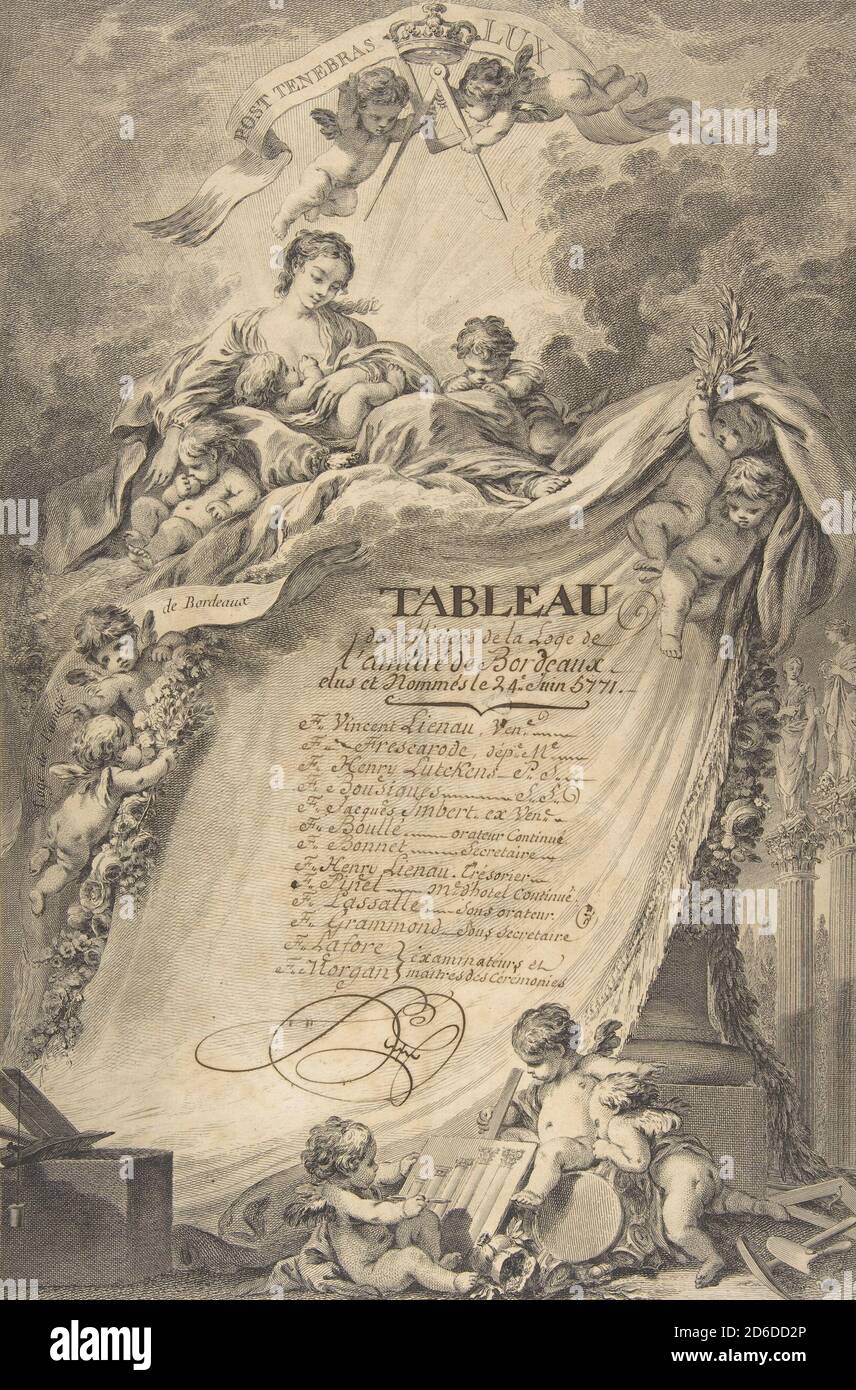 Diploma per i Freemasons di Bordeaux, dopo Fran& n° xe7;ois Boucher, 1766. Foto Stock