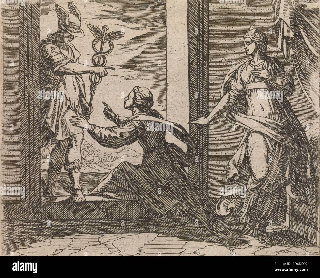 Mercury Turning Aglauros to Stone (Aglauros a Mercurio in lapidem trasformatur), dai Metamorfosi di Ovid (Metamorphosean sive Transformationum), Plate 20, pubblicato dopo il 1606. Foto Stock