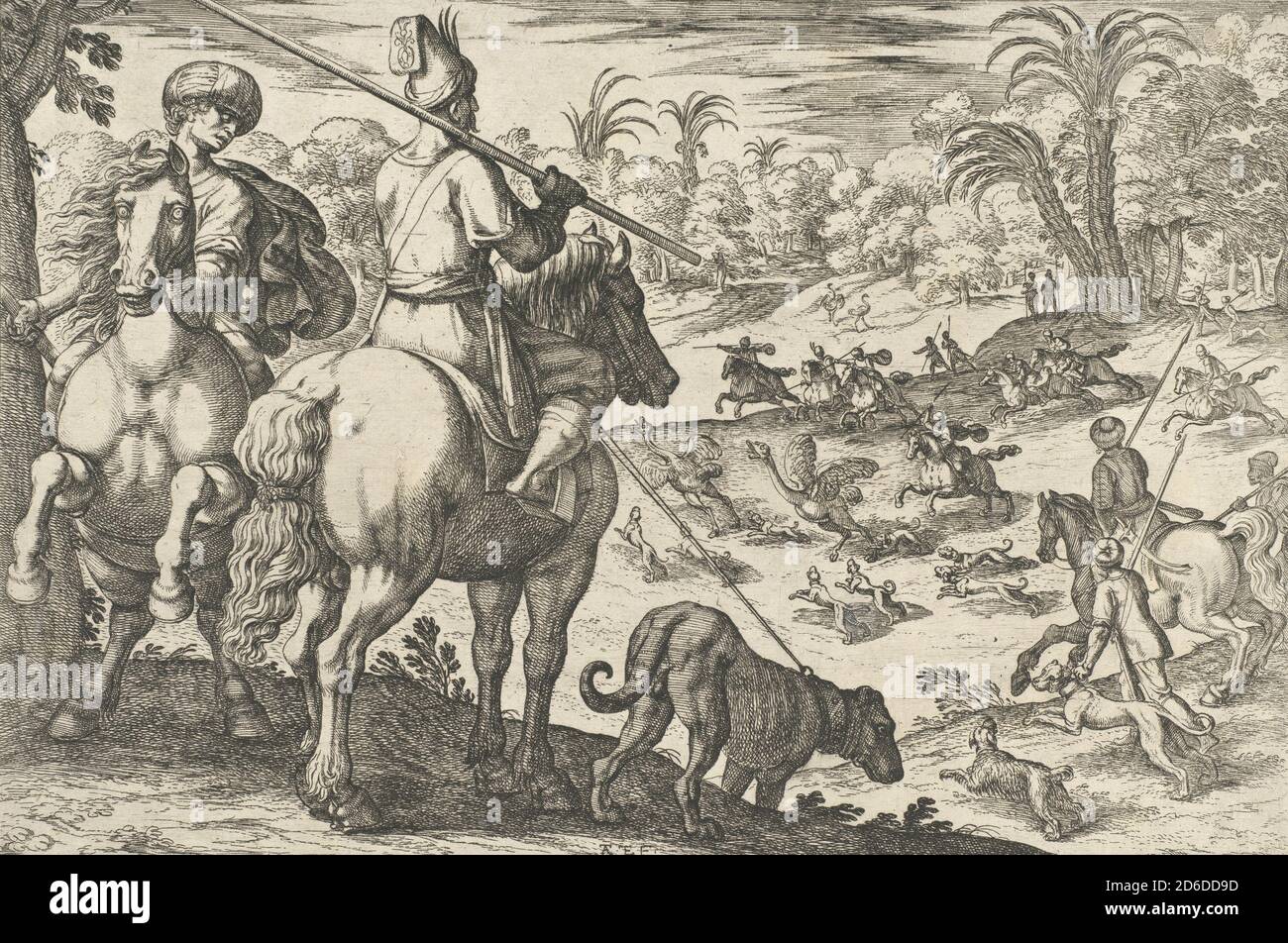 Ostrich Hunt, da 'Caccia Scene VI', 1609. Foto Stock