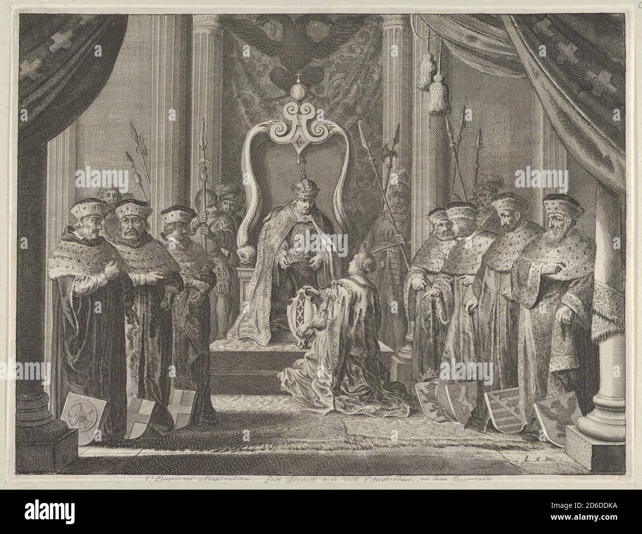 Piastra 8: Imperatore Massimiliano II che concede una corona allo stemma di Amsterdam, da Caspar Barlaeus, "Medicea Hospes", 1638. Foto Stock