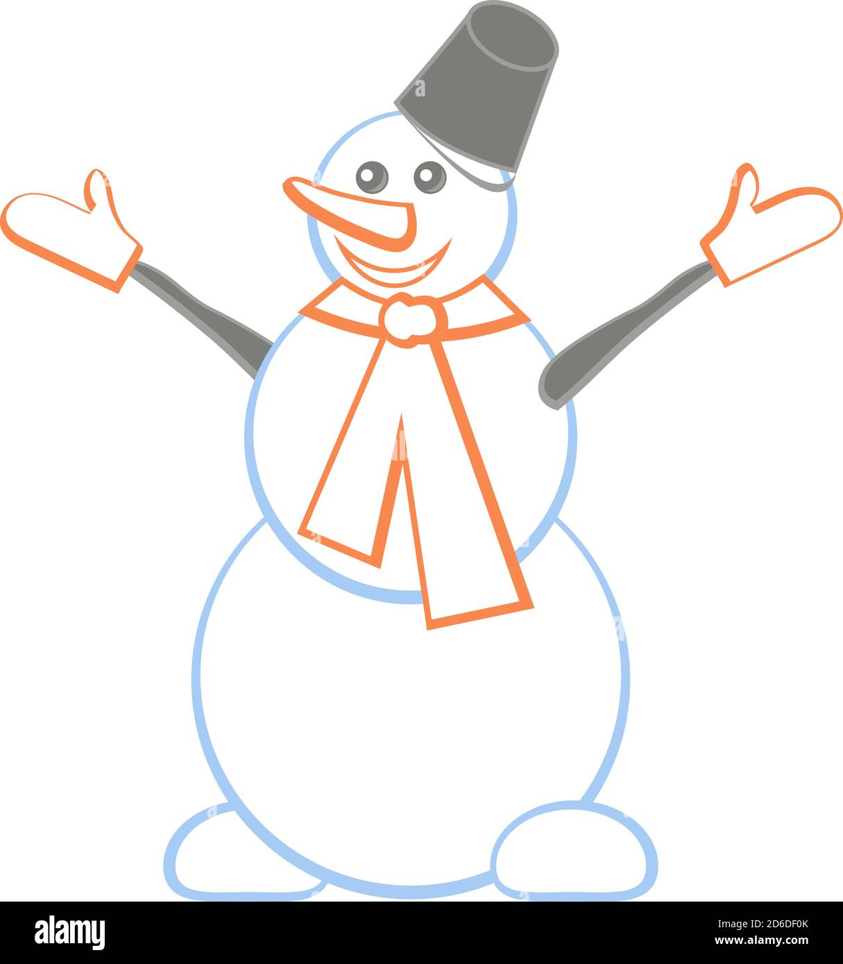 Pupazzo di neve felice colorato in bianco e azzurro con secchio, mittens, sciarpa, carote Illustrazione Vettoriale