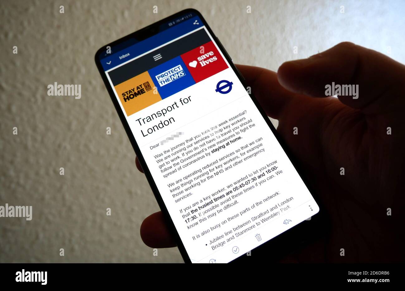 Un'e-mail inviata da Transport for London a chiunque abbia viaggiato dopo l'annunciato blocco da parte del primo ministro Boris Johnson come Sean o'Callaghan, Foto Stock