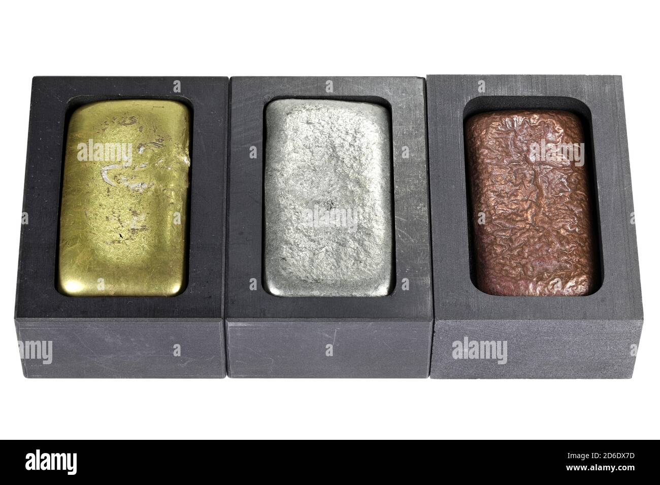 barre metalliche in stampi di grafite isolate su sfondo bianco Foto Stock