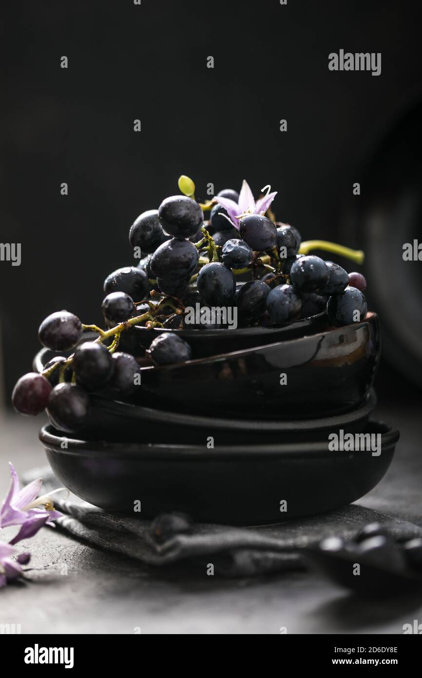 Lastra nera rotonda vuota su sfondo nero scuro, con spazio per la copia dell'uva. Foto Stock