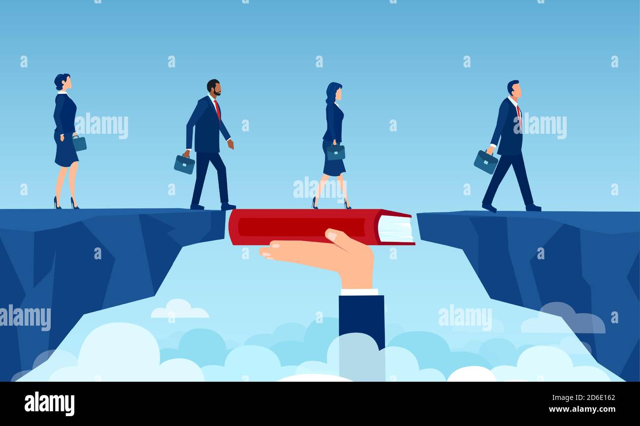 Vettore di una mano di insegnante che tiene un libro che bridging il gap nell'istruzione per un gruppo di uomini d'affari che camminano acceso Illustrazione Vettoriale