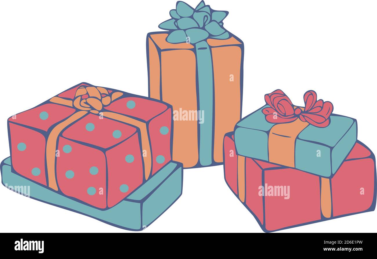 Vettore ancora vita con colorate scatole regalo isolato su sfondo bianco. Gitfs Concept per il nuovo anno. Illustrazione Vettoriale