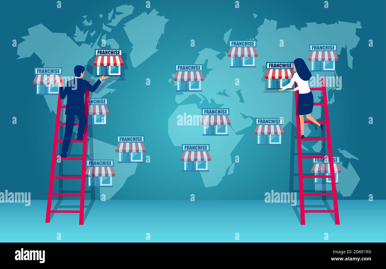 Vettore di uomini d'affari espandendo la rete di franchising su mappa globale Illustrazione Vettoriale