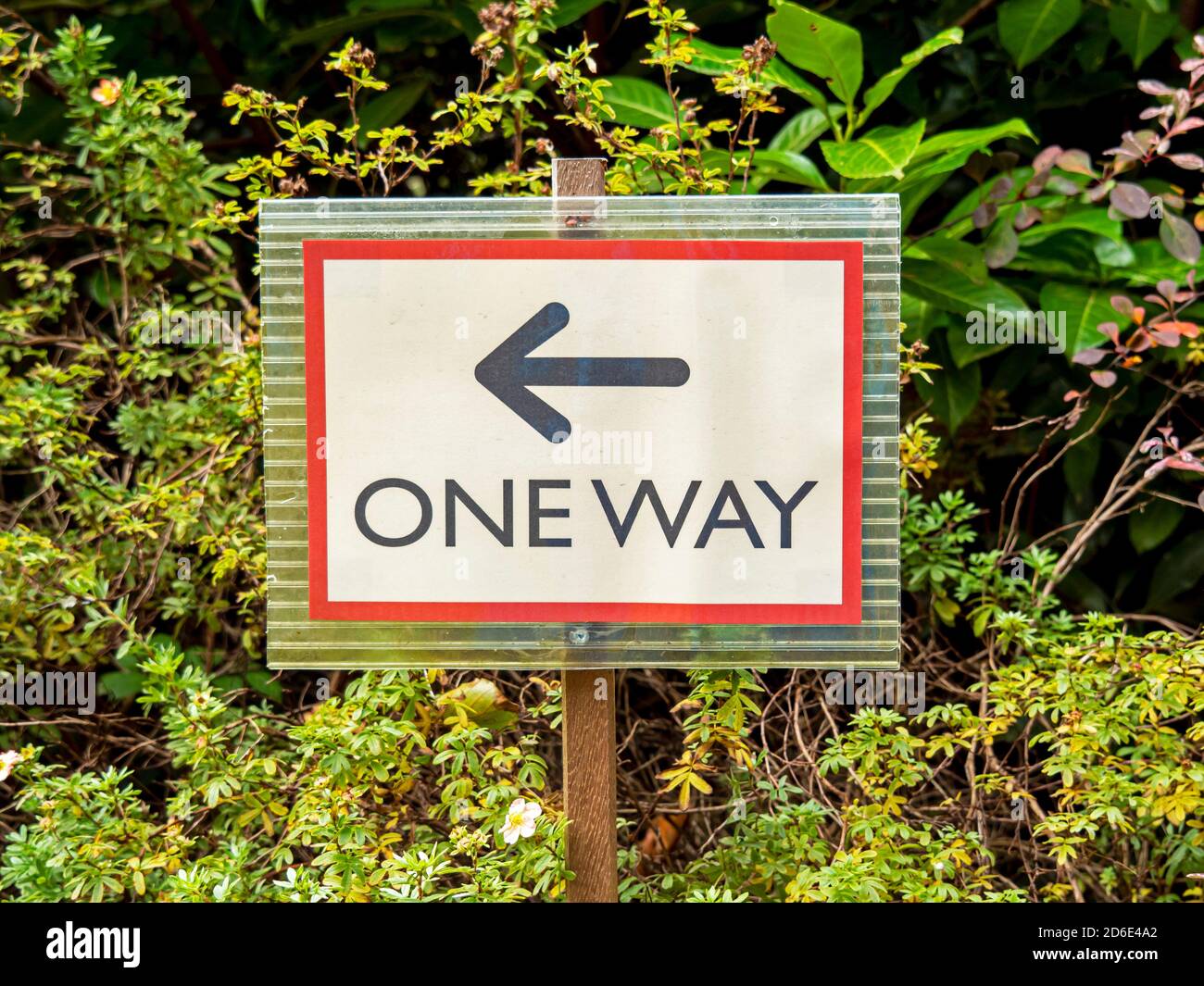 Un segno di senso in un giardino per incoraggiare l'allontanamento sociale Foto Stock