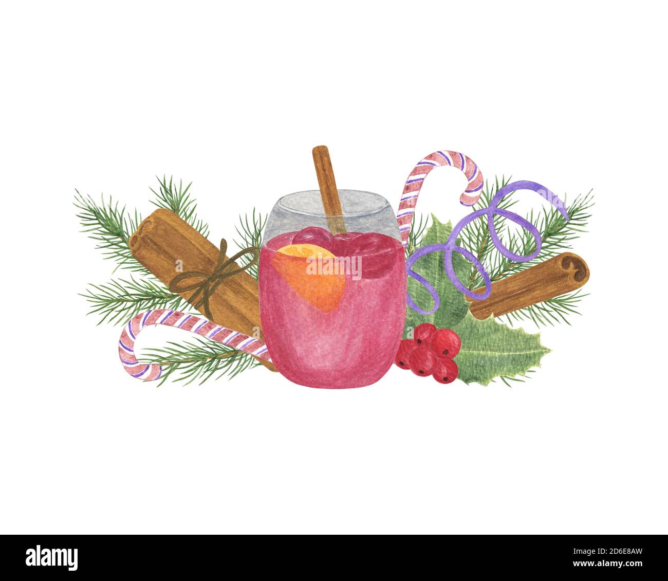 Vacanze di Natale composizione tradizionale abete rami albero, pianta agile, decorazione di Natale, canna caramella, cannella, VIN brulé, riunione di famiglia simbolo di celebrazione, umore di festa semplice disposizione Foto Stock