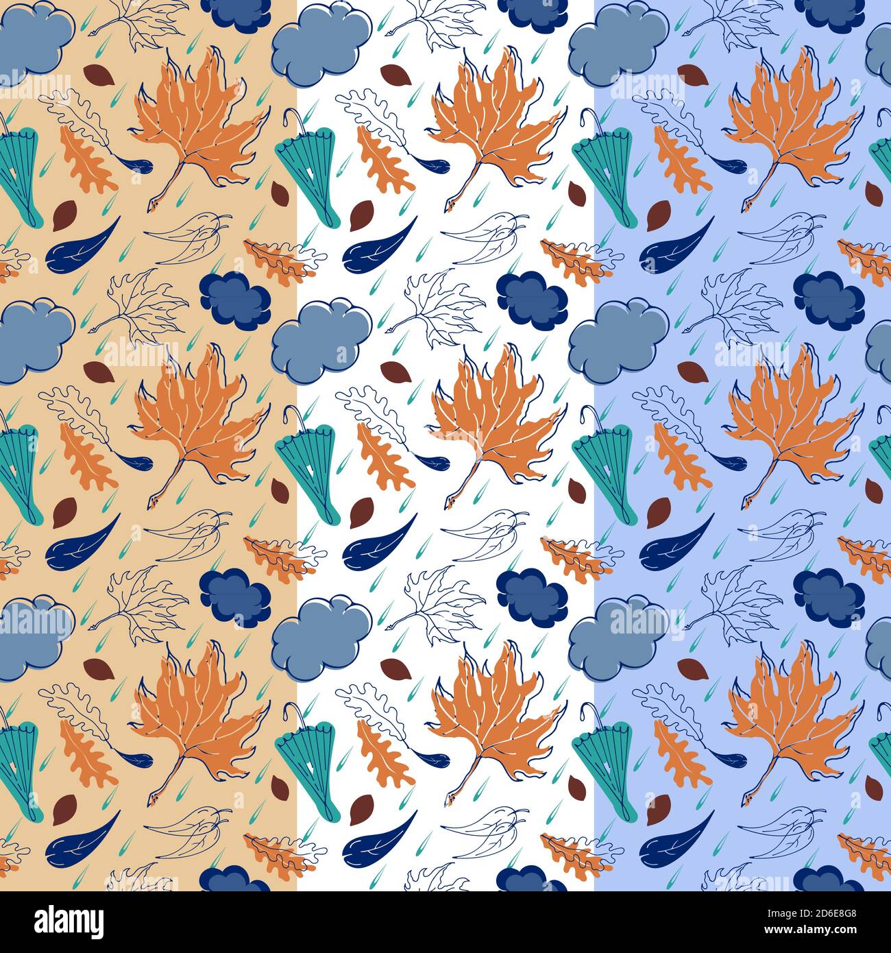 Autunno foresta foglie modello senza giunture. Silhouette grafiche disegnate a mano. Monotina su tonalità blu di foglie, aspen, acero, quercia, ombrello Illustrazione Vettoriale