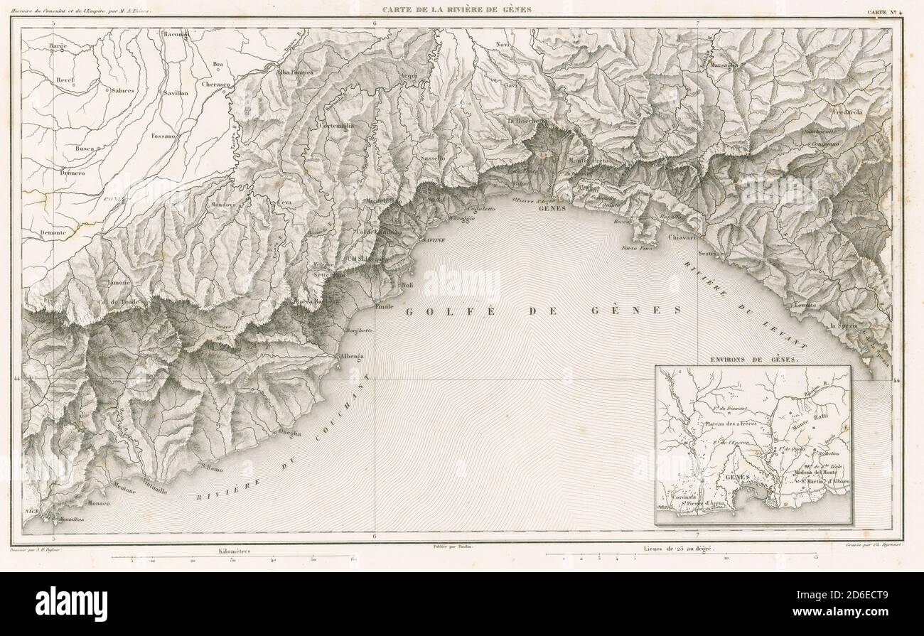 Antica mappa francese incisa del 1859, carte de la Rivière de Gènes, in Italia sul Golfo di Genova. Genova è la capitale della Liguria. FONTE: INCISIONE ORIGINALE Foto Stock