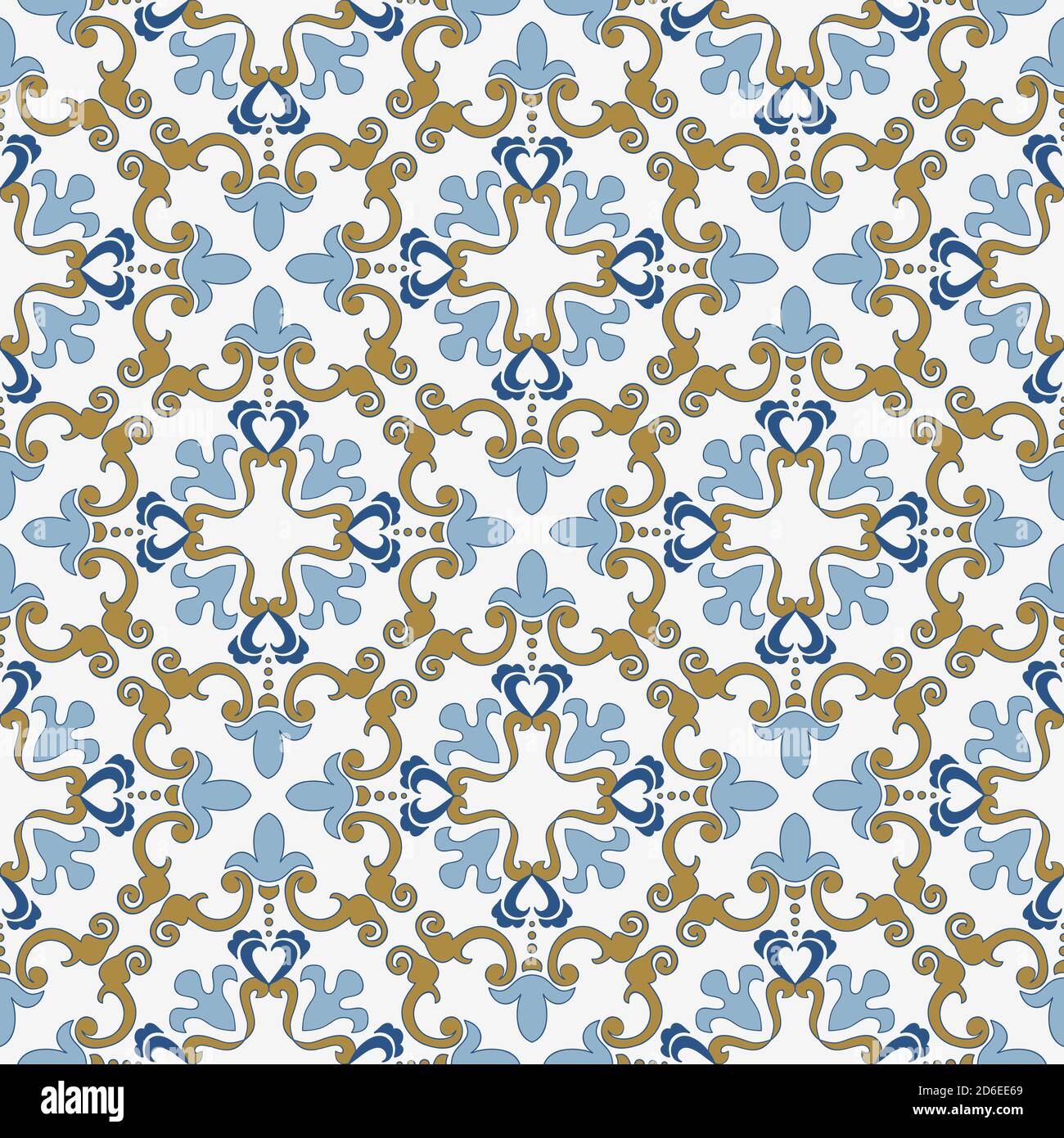 Modello Damask. Maiolica, decorazione blu, giallo, grigio azulejo, portoghese, Spagna. Piastrelle senza cuciture con motivi islamici, arabi, indiani, ottomani. Illustrazione Vettoriale