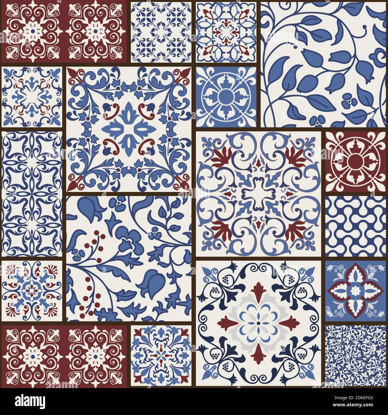 Piastrelle in mosaico senza cuciture con motivi islamici, arabi, indiani, ottomani. Piastrelle in ceramica maiolica. Decorazioni in portoghese e Spagna. Piastrelle in ceramica in stile talavera. Illustrazione Vettoriale