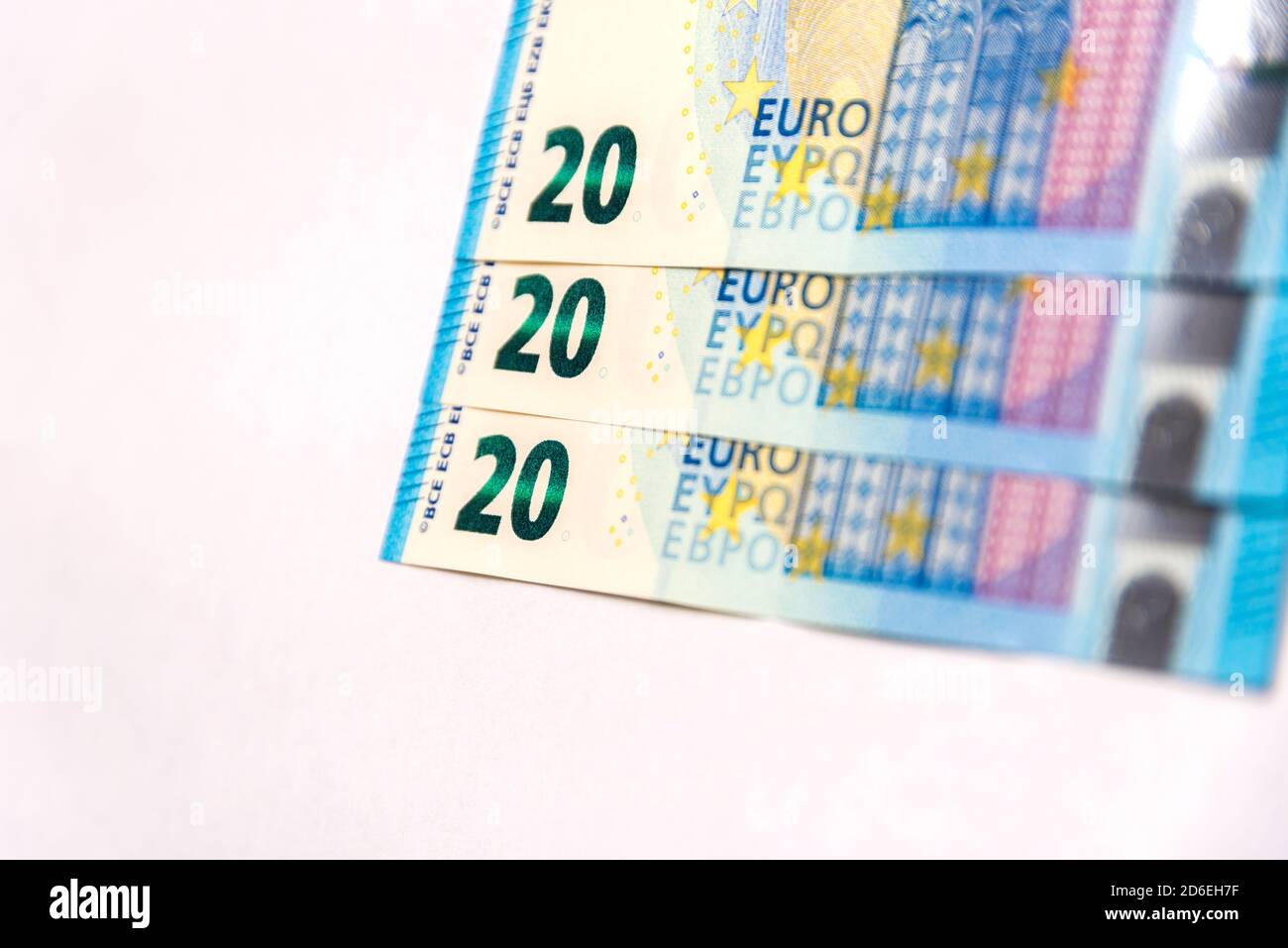 Tre bollette da 20 euro su fondo bianco Foto Stock