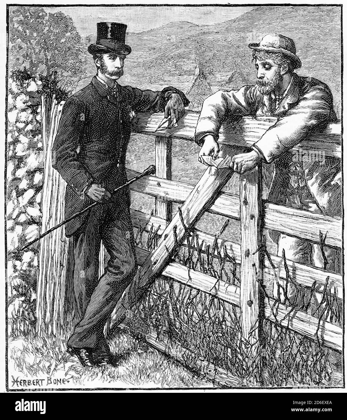 Incisione di due uomini che discutono di una lettera sopra a. cancello del cortile Foto Stock